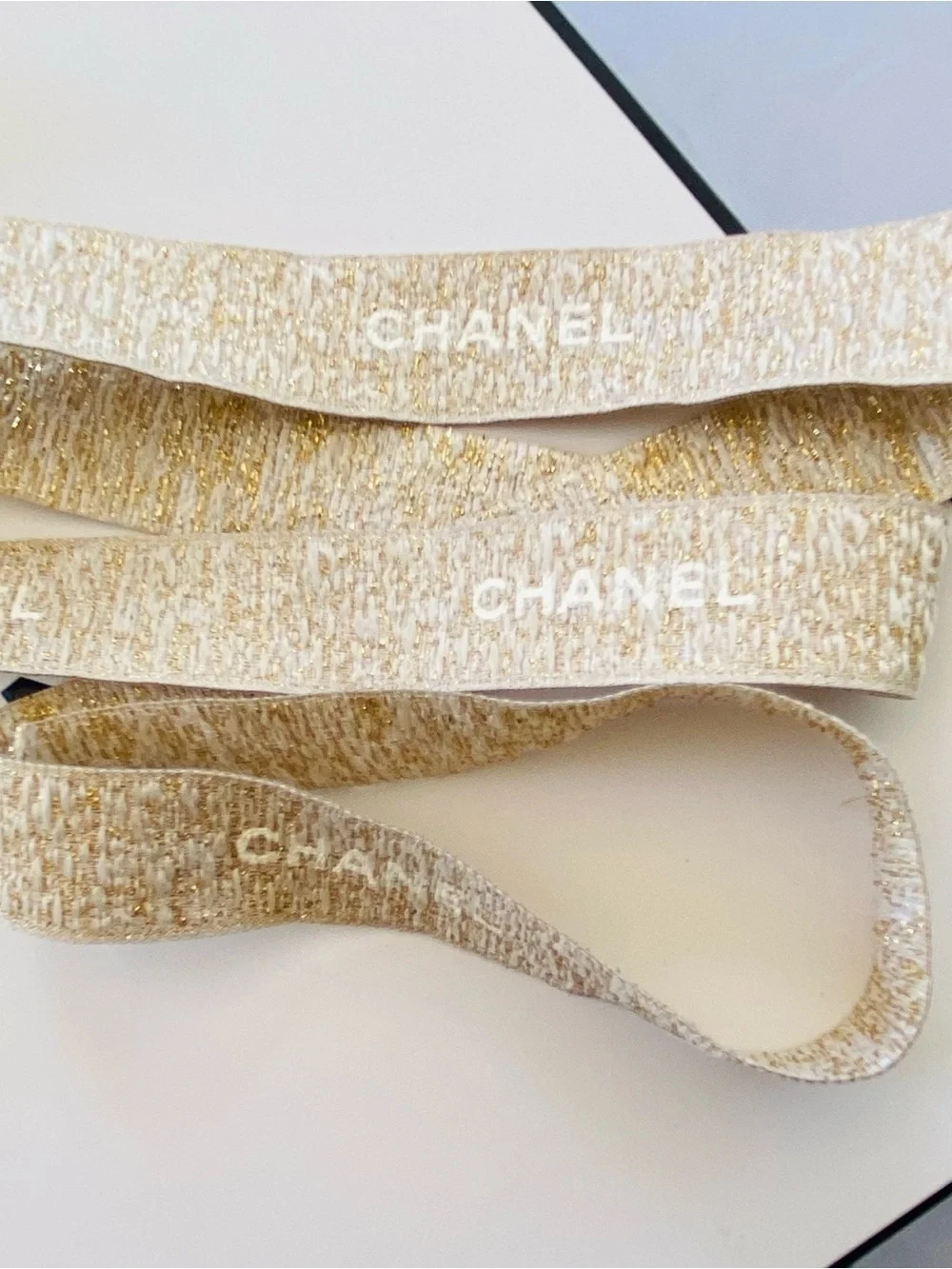 CHANEL Ribbon Authentic Woven Gold & White Holiday Ribbon 48 Inches‎ L